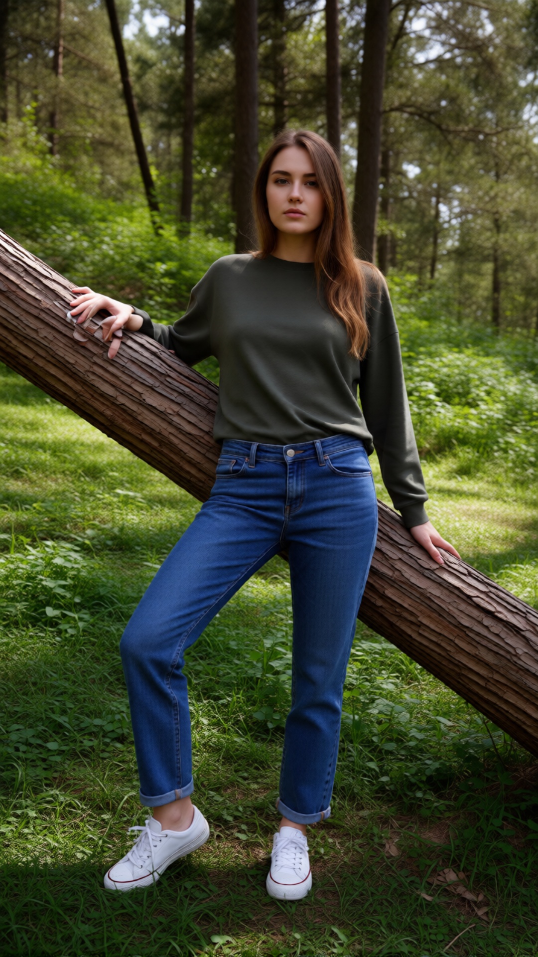 standing pose, full body, in a forest, nature back