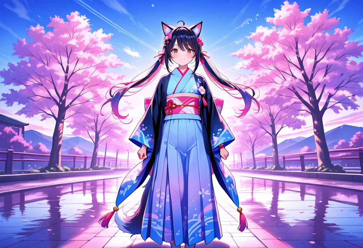 Anime portrait with cherry blossom background suitable for gentle environmental motion