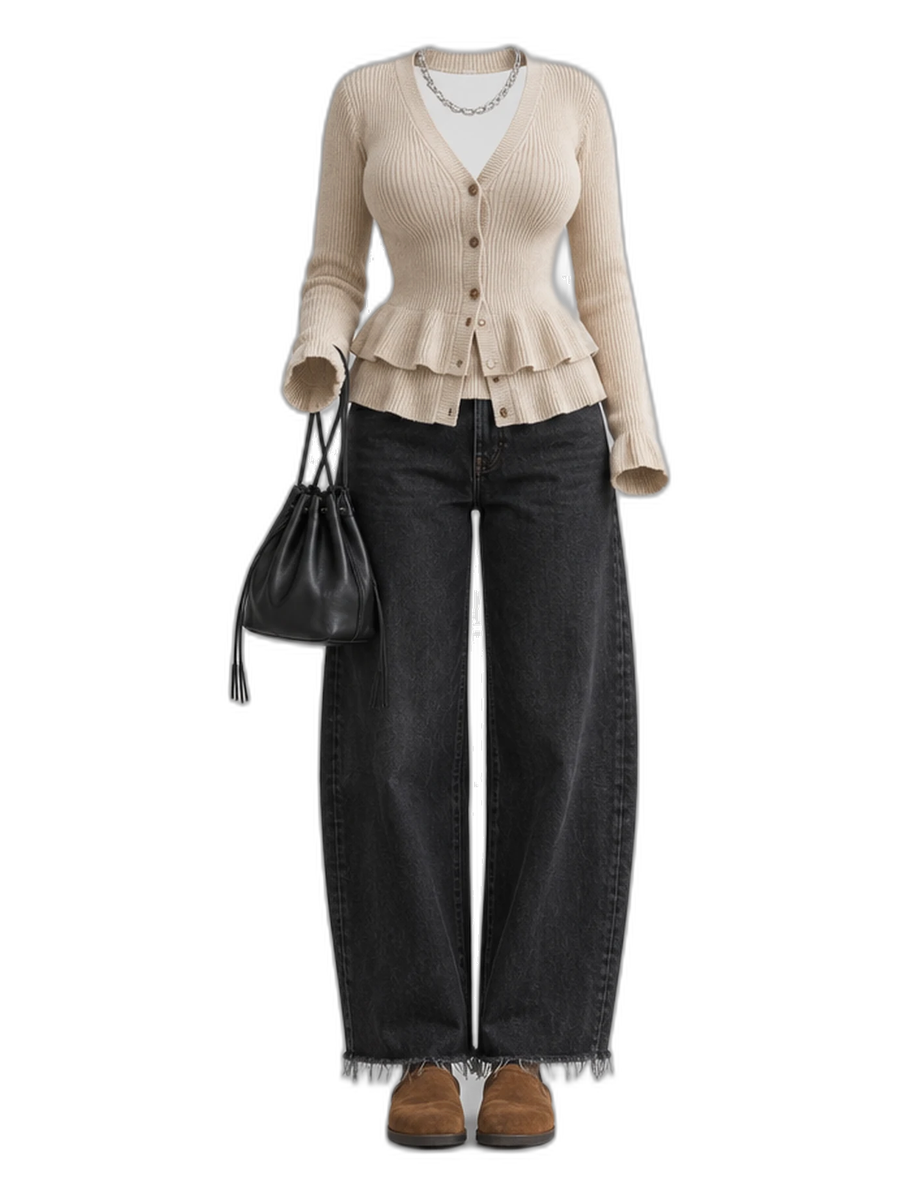 Beige Knit Cardigan Black Denim Jeans