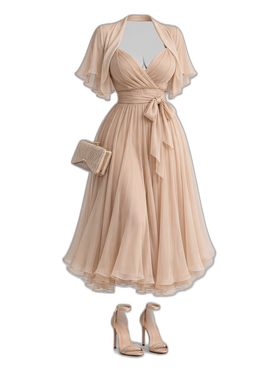 Beige Chiffon Midi Dress Ribbon Heels