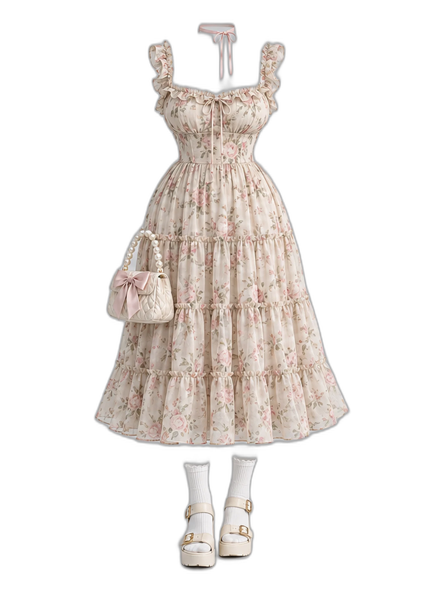 Beige Floral Midi Dress White Socks