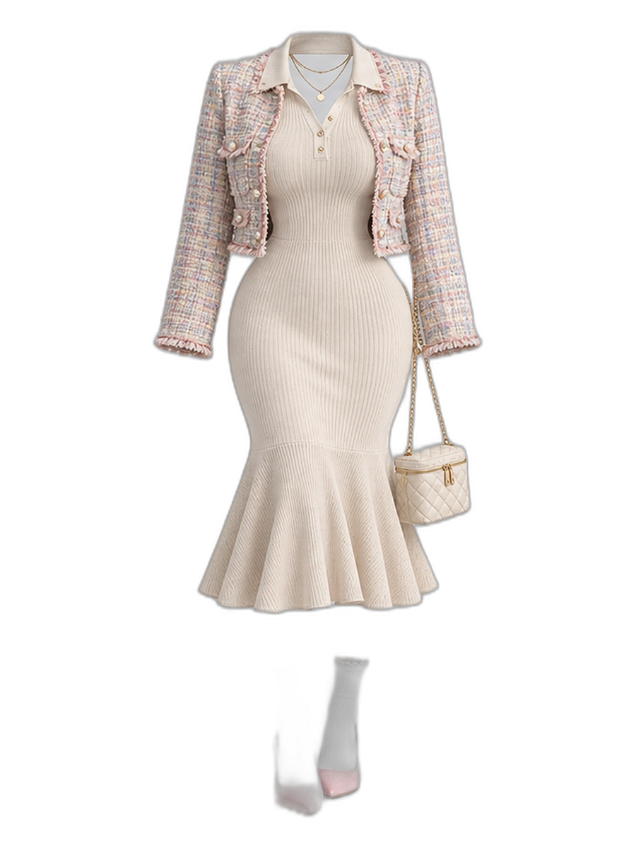Beige Knit Dress Jacket White Socks