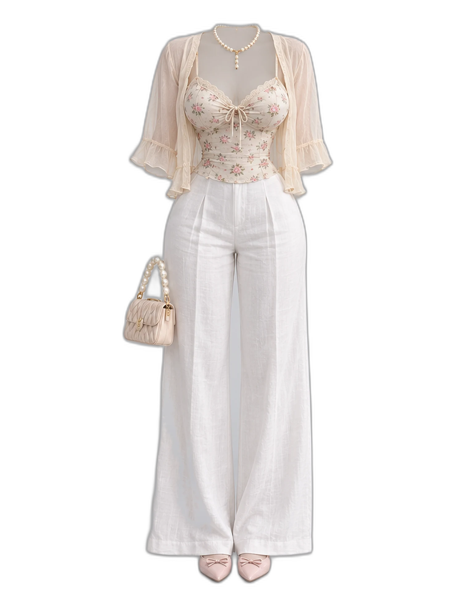 Beige Floral Camisole Cardigan White Pants