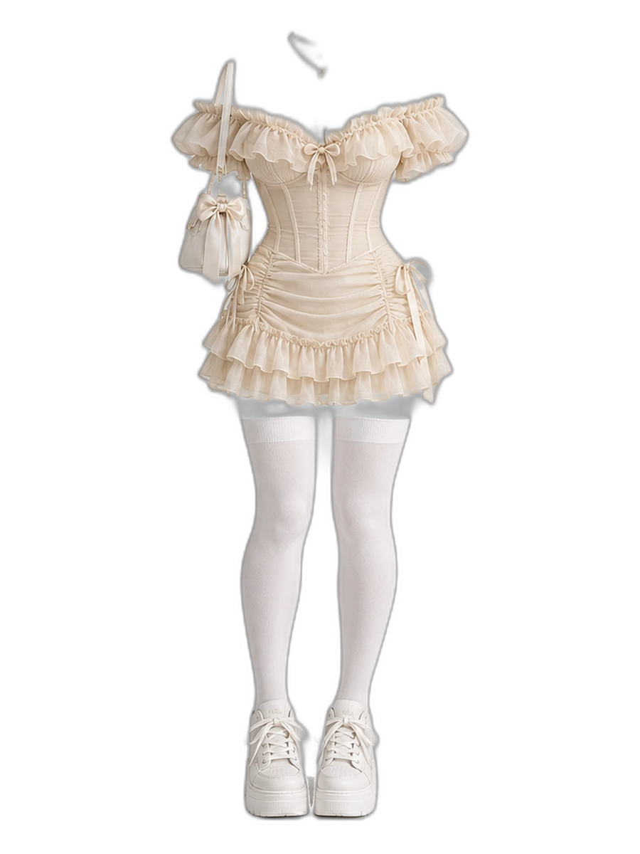 Beige Frill Corset Dress White Socks