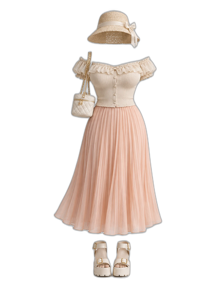 Beige Frill Knit Pleated Midi Skirt