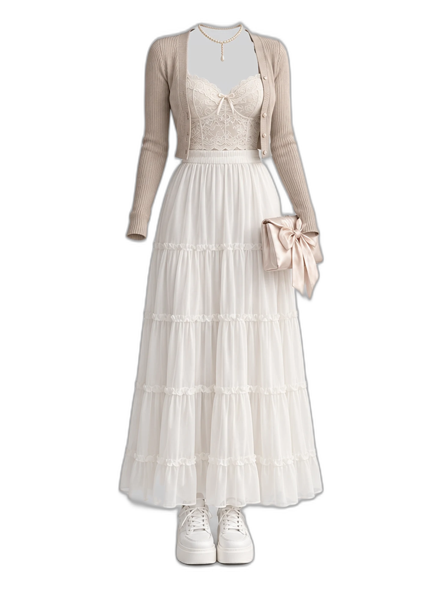 Beige Knit Cardigan Lace Camisole White