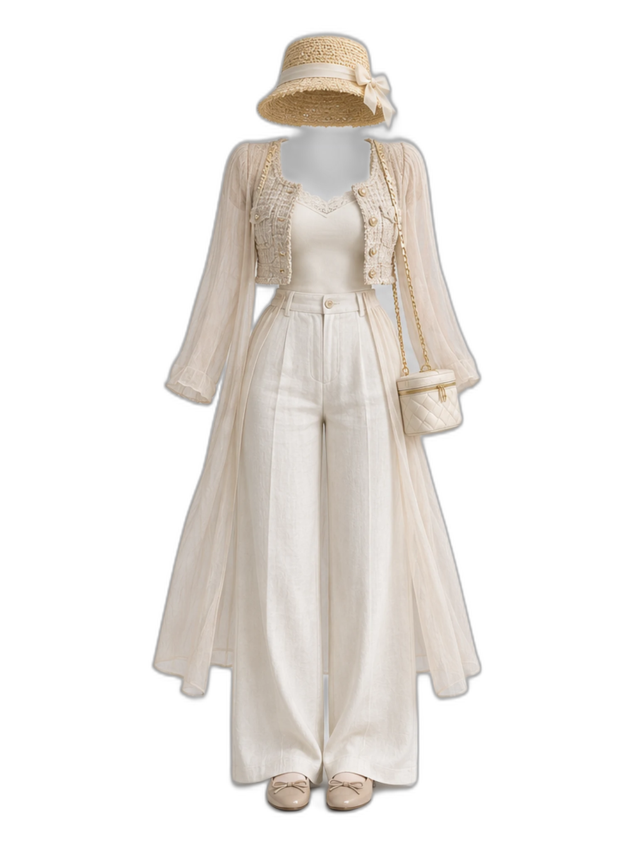 Beige Jacket Camisole Ivory Pants Cardigan