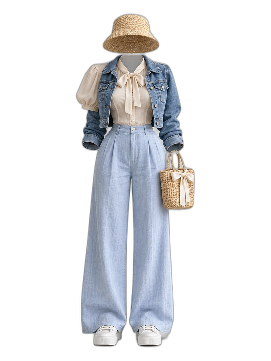 Beige Blouse Ribbon Blue Pants Denim