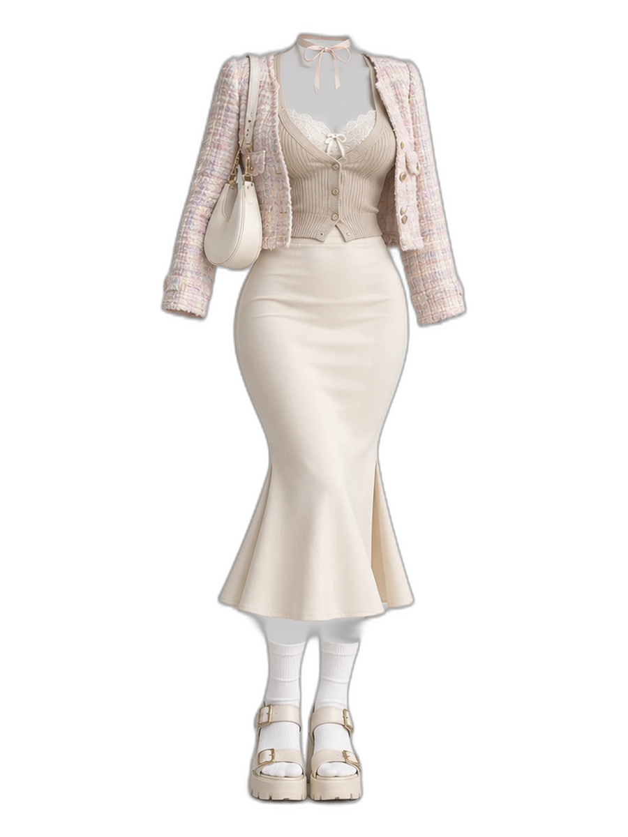 Beige Knit Cardigan Lace Camisole Cream
