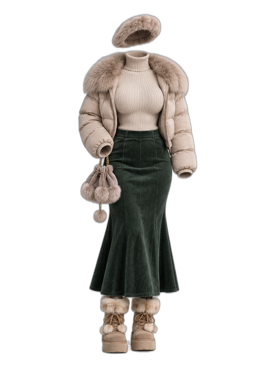 Beige Knit Green Corduroy Skirt Fur