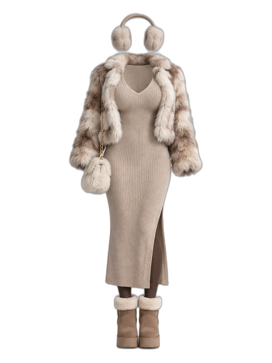 Beige Knit Dress Fur Jacket Brown