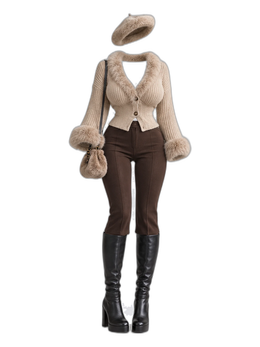Beige Fur Knit Cardigan Brown Pants