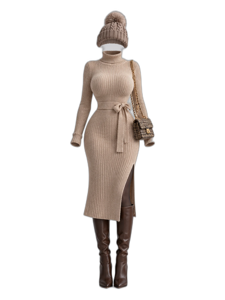 Beige Knit Dress Brown Tights Leather